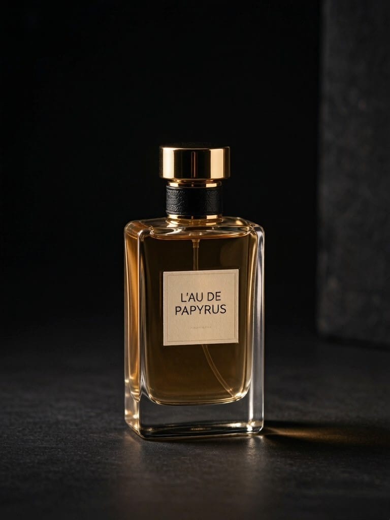 Amber perfume bottle on a dark surface, lit from behind