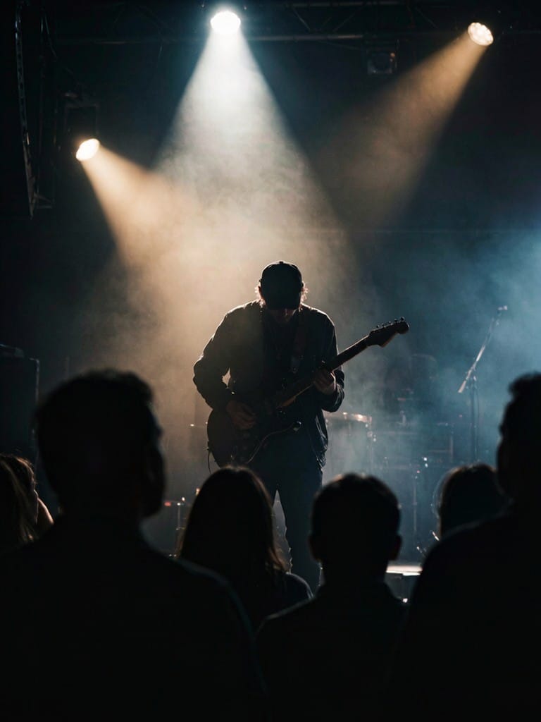 A guitarist on stage in a spotlight, silhouetted crowd in the foreground