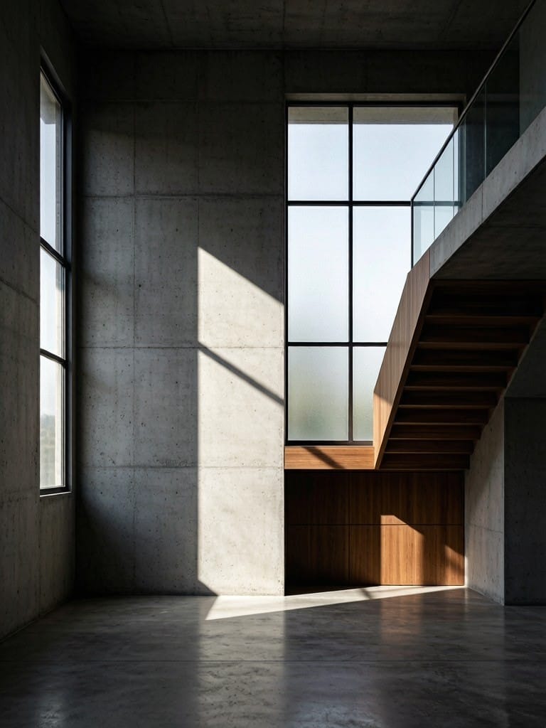 Concrete interior with a wooden stair and a shaft of daylight across the floor