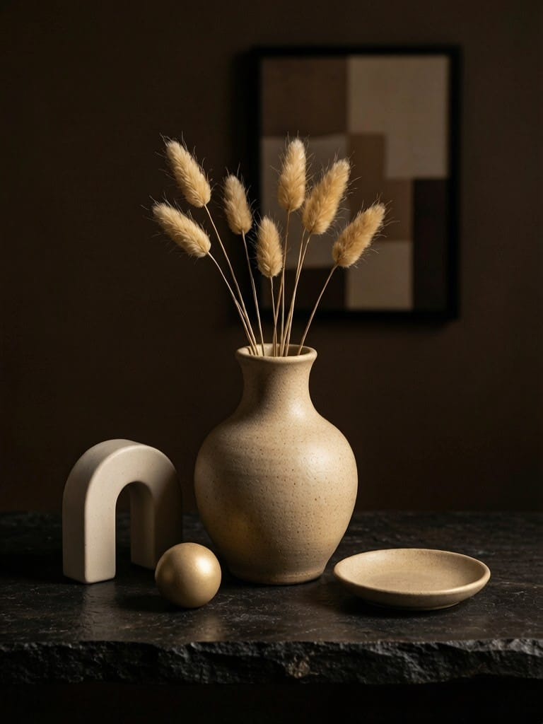 Dried grasses in a ceramic vase beside a small brass sphere, warm dark still life